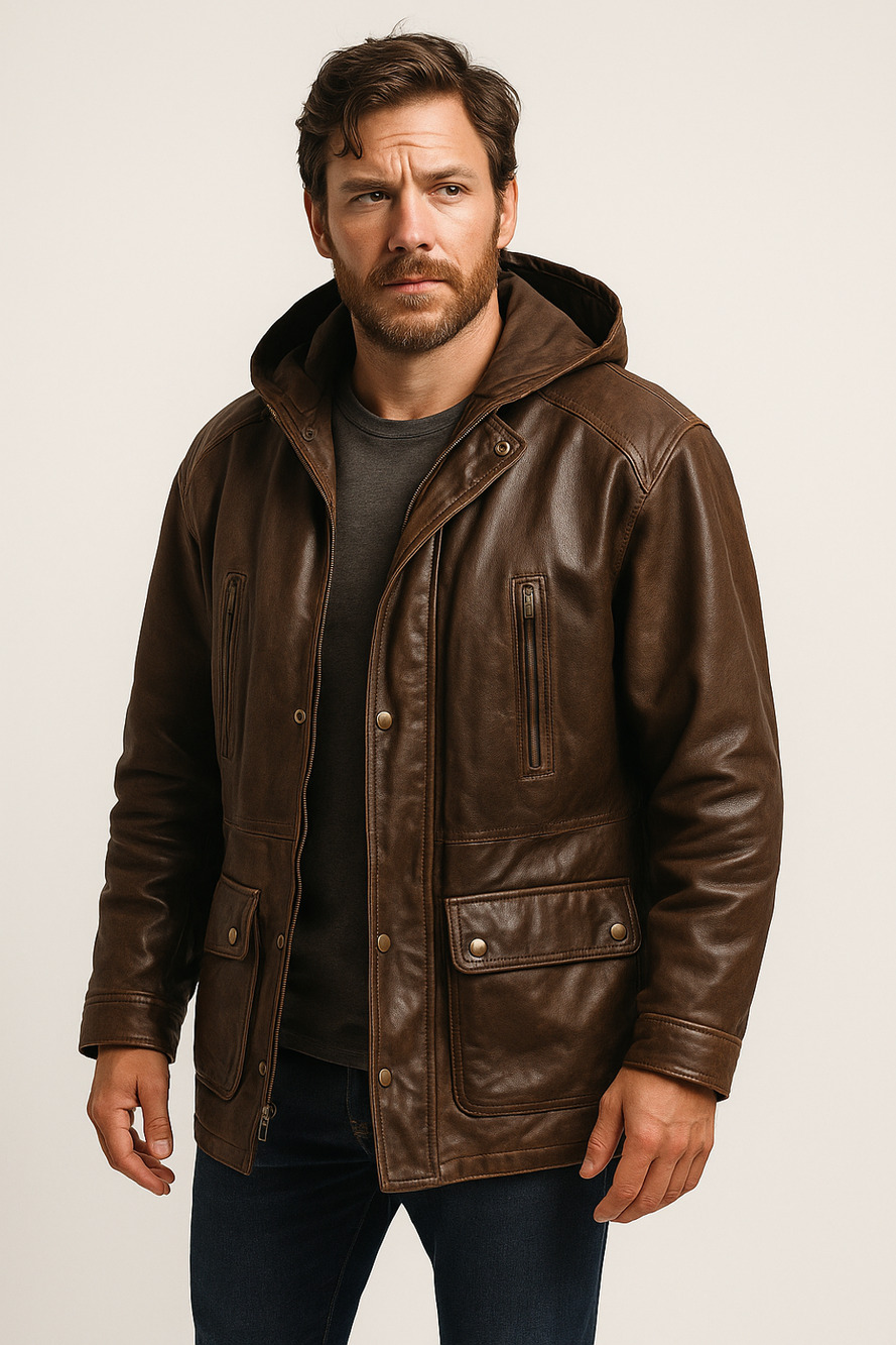 Direct Action NY Mens Leather Jacket Field Parka coat hooded Brown sz S 90s‎ VTG
